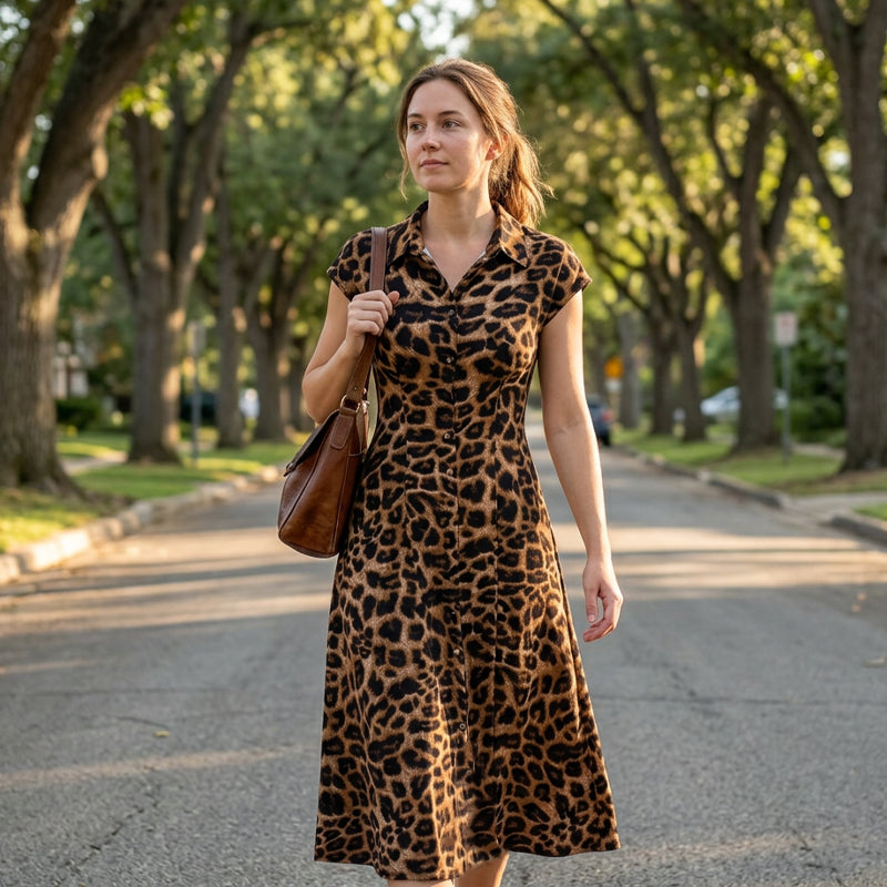 Elegante jurk met omgeslagen kraag en luipaardprint voor dames