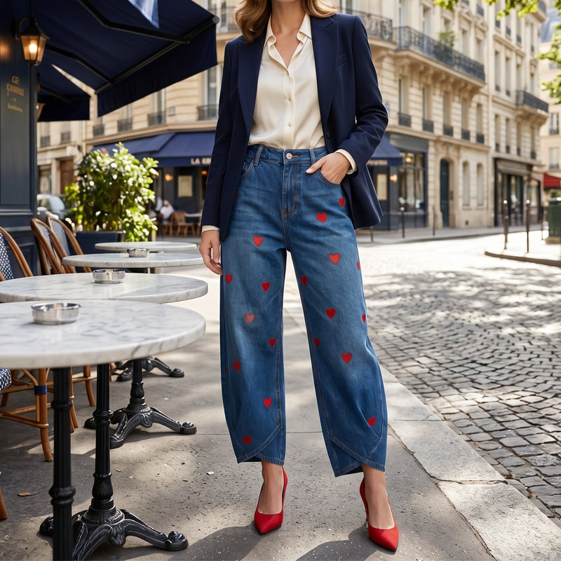 Dames Baggy Denim Broek met Hartjesprint