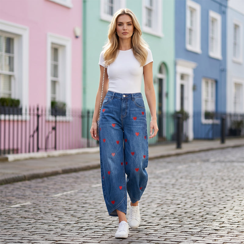 Dames Baggy Denim Broek met Hartjesprint