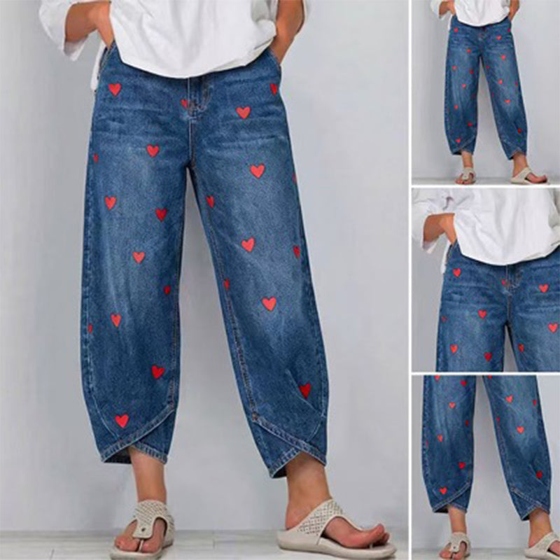 Dames Baggy Denim Broek met Hartjesprint