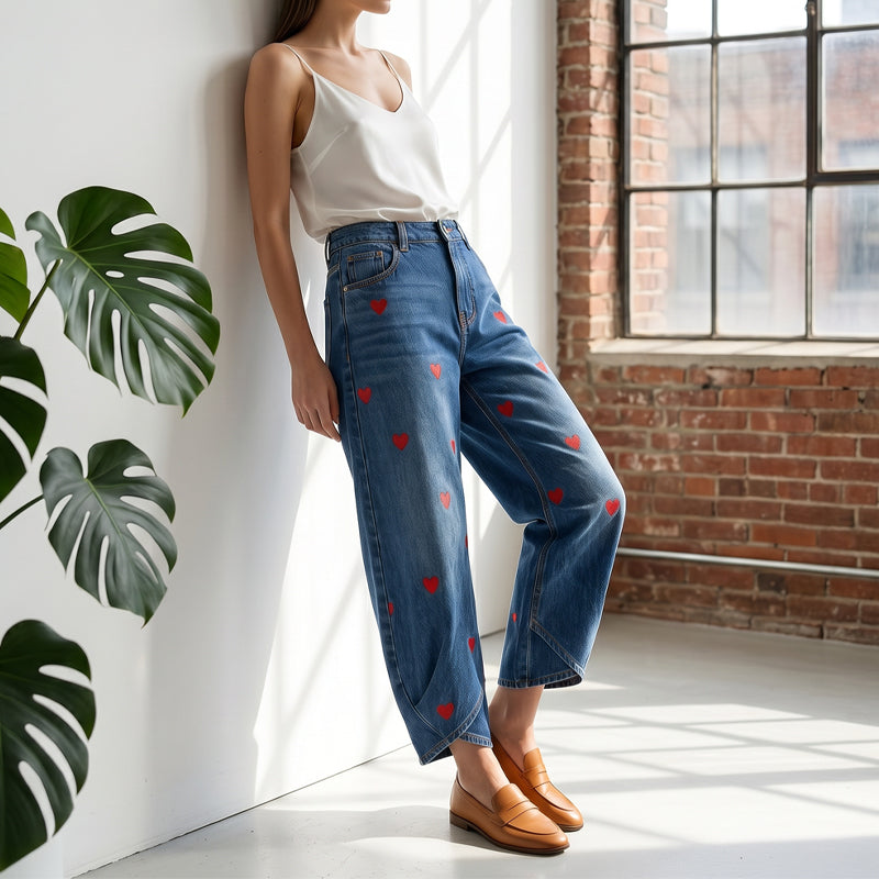 Dames Baggy Denim Broek met Hartjesprint