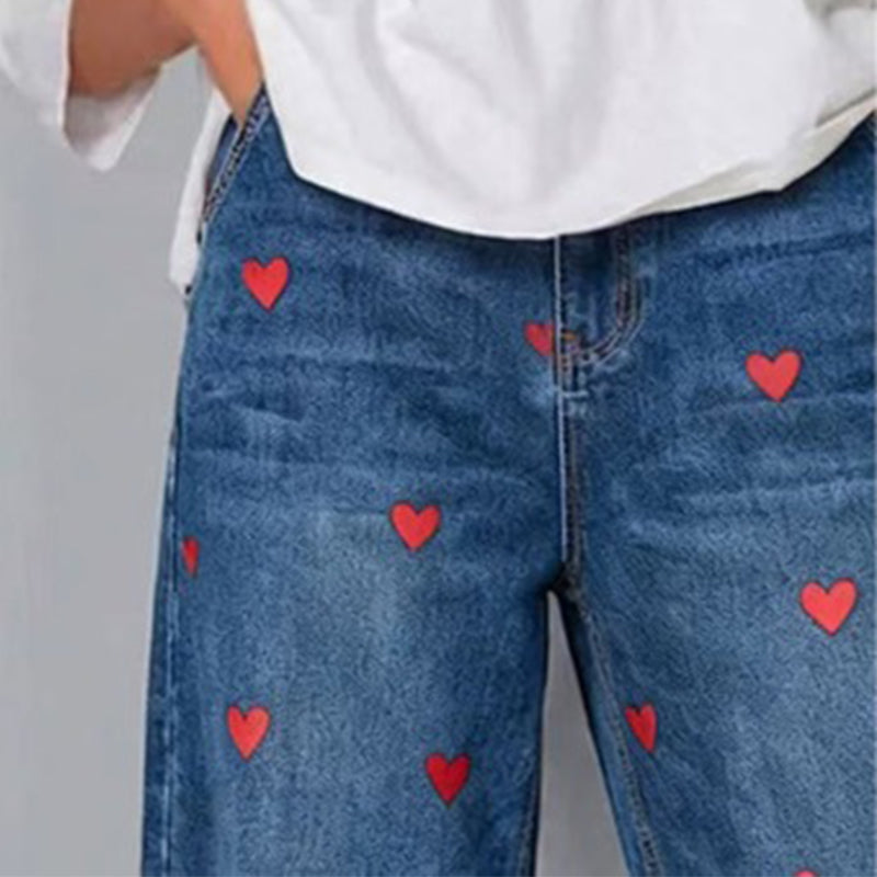Dames Baggy Denim Broek met Hartjesprint
