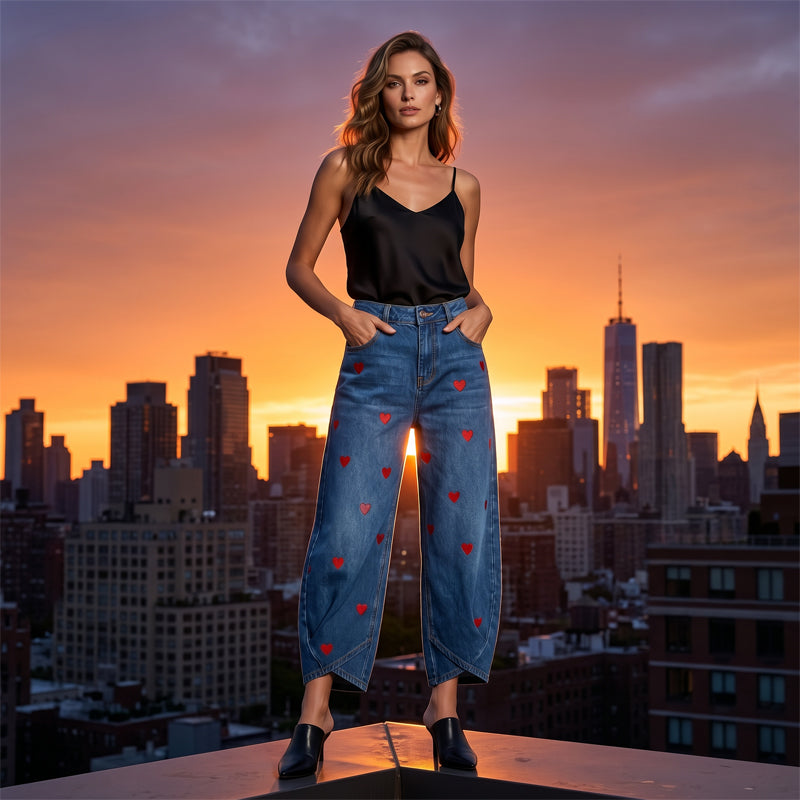 Dames Baggy Denim Broek met Hartjesprint