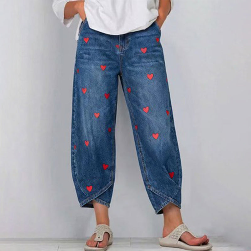 Dames Baggy Denim Broek met Hartjesprint