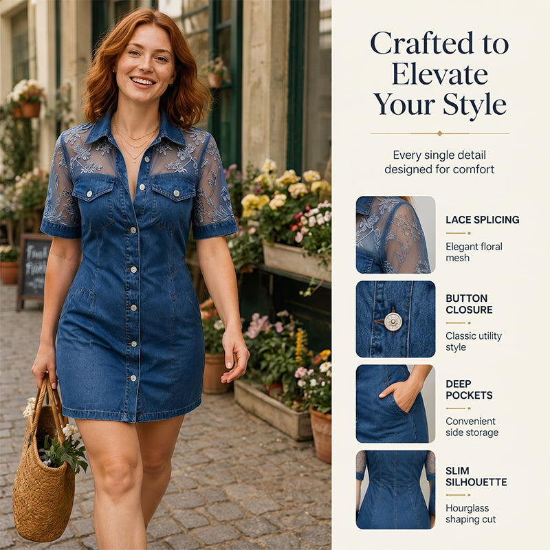 Dames mode sheer lace denim minijurk