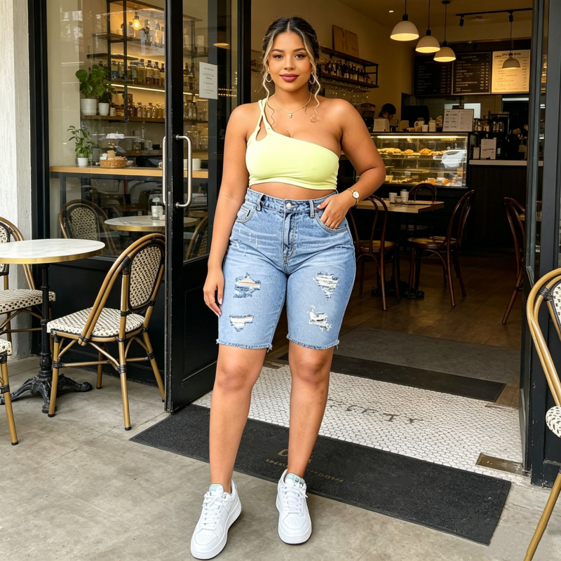 Dames Denim Shorts met Trendy Versleten Look in Grote Maten