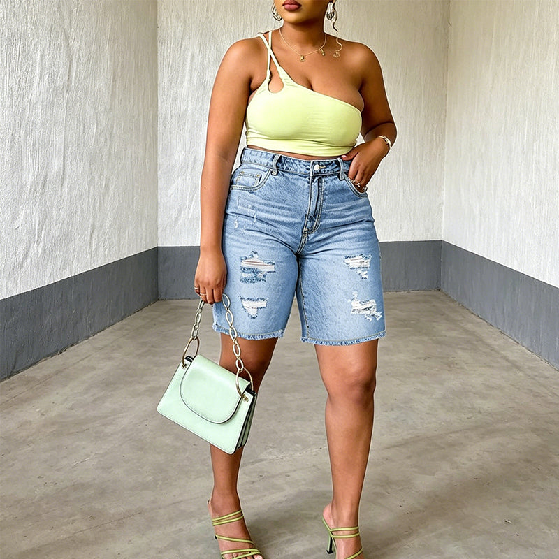 Dames Denim Shorts met Trendy Versleten Look in Grote Maten