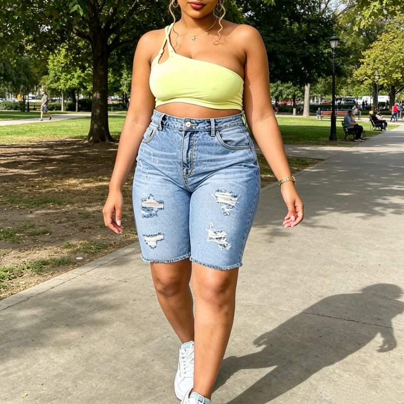 Dames Denim Shorts met Trendy Versleten Look in Grote Maten