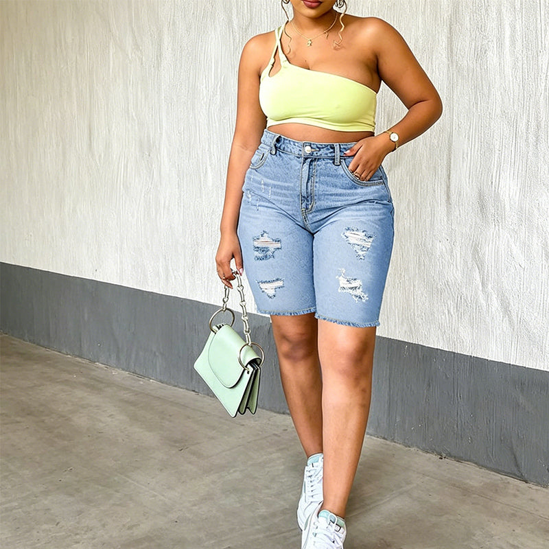 Dames Denim Shorts met Trendy Versleten Look in Grote Maten