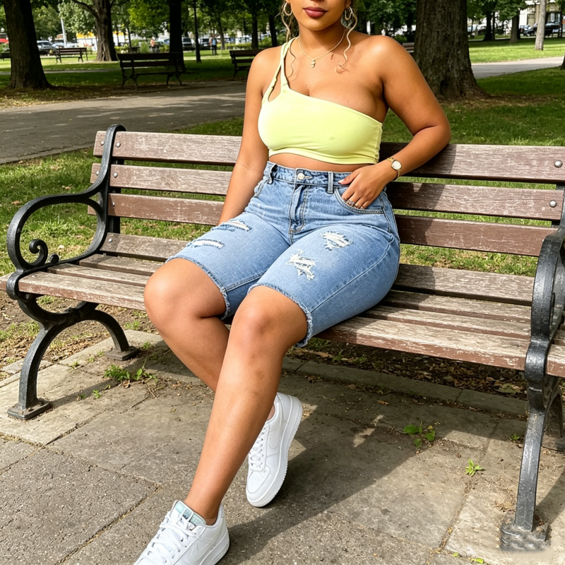 Dames Denim Shorts met Trendy Versleten Look in Grote Maten
