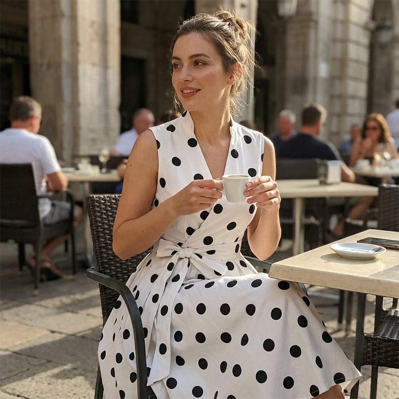 🌸 Mouwloze jurk met V-hals en stippen voor dames 👗