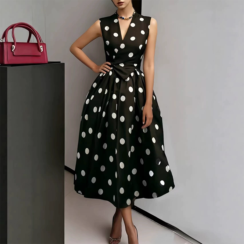 🌸 Mouwloze jurk met V-hals en stippen voor dames 👗