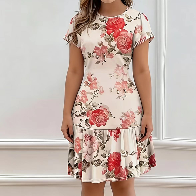 Dames Elegante Bloemenprint Jurk met Ruches Zoom