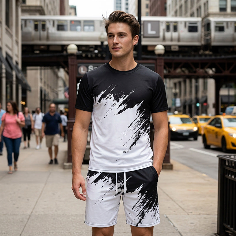 👕NU 50% KORTING! 💥 Heren Zomer Dynamische Print Casual Set – 3D Penseelstreek, Ultrazacht, Ergonomische Pasvorm ✨