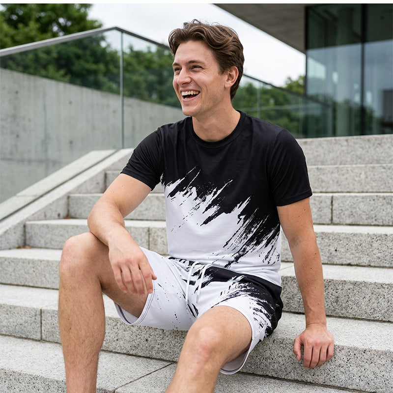 👕NU 50% KORTING! 💥 Heren Zomer Dynamische Print Casual Set – 3D Penseelstreek, Ultrazacht, Ergonomische Pasvorm ✨