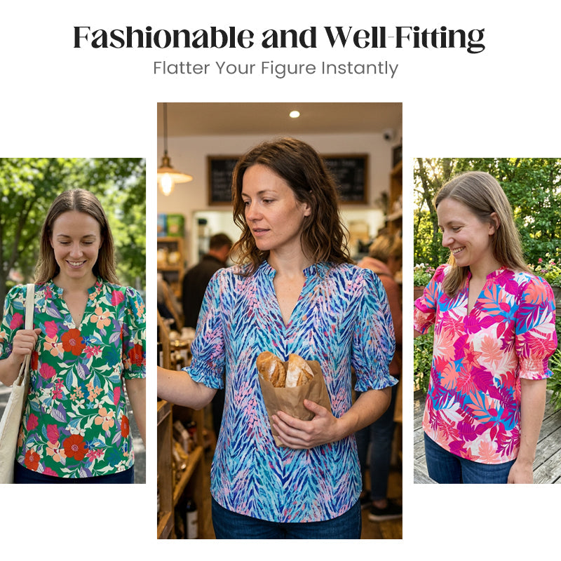 Dames zomerse top met bloemenprint en pofmouwen
