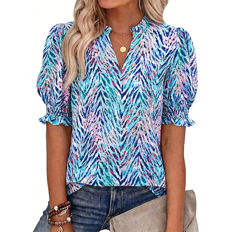 Dames zomerse top met bloemenprint en pofmouwen