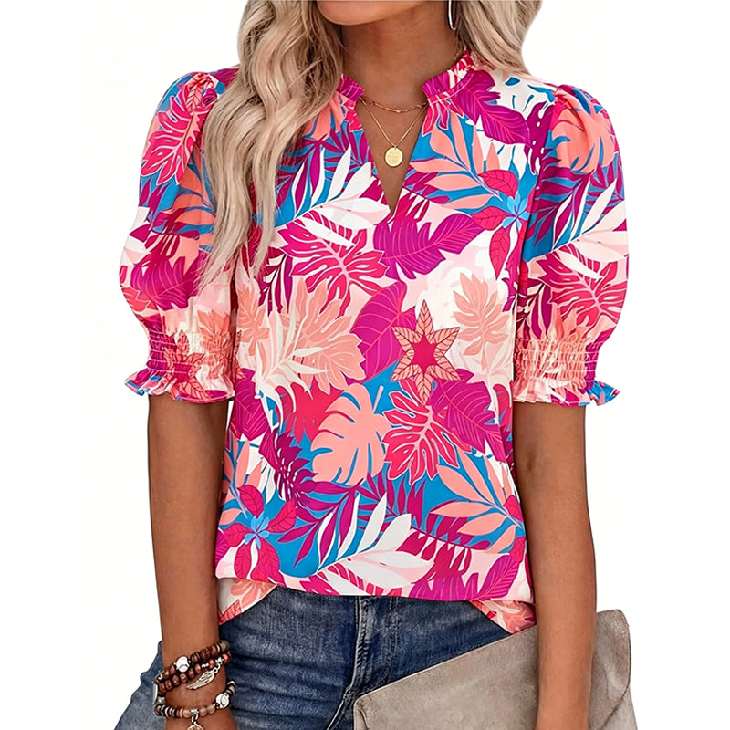 Dames zomerse top met bloemenprint en pofmouwen