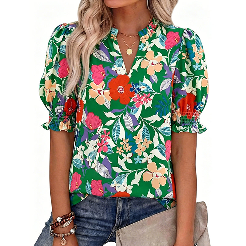 Dames zomerse top met bloemenprint en pofmouwen