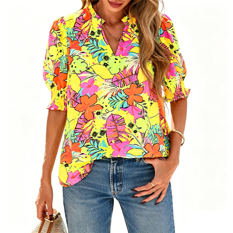 Dames zomerse top met bloemenprint en pofmouwen