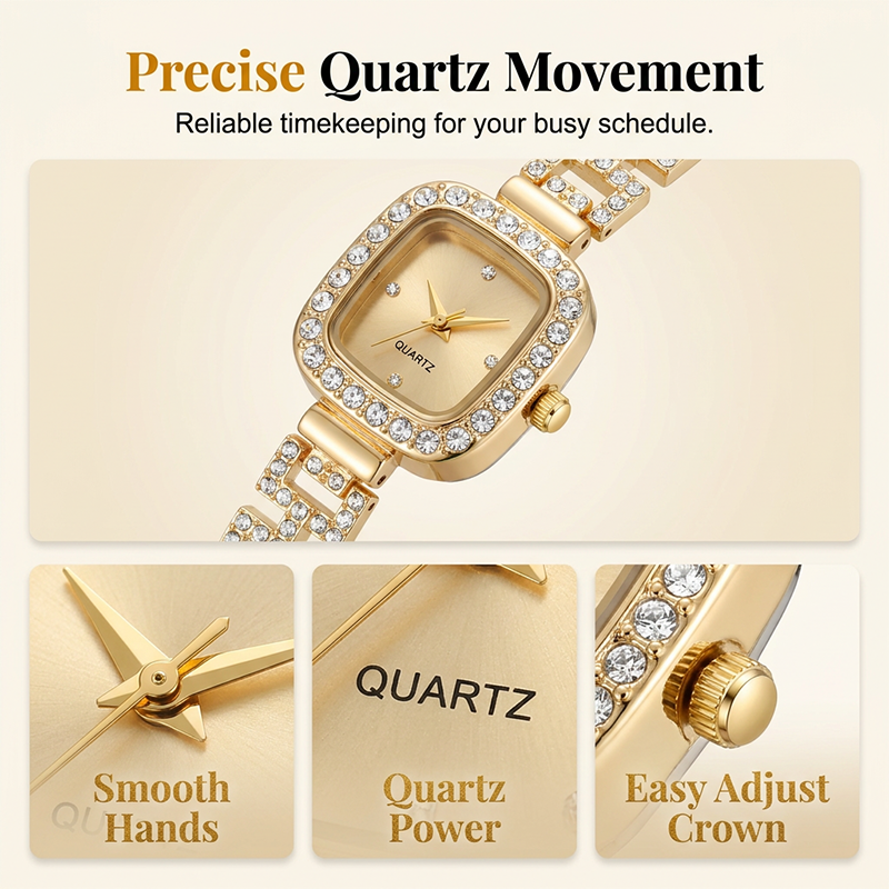 poeak™ Dames Trekkoord Armband Horloge Vierkant Quartz – Kristal & Tijdloos Elegant