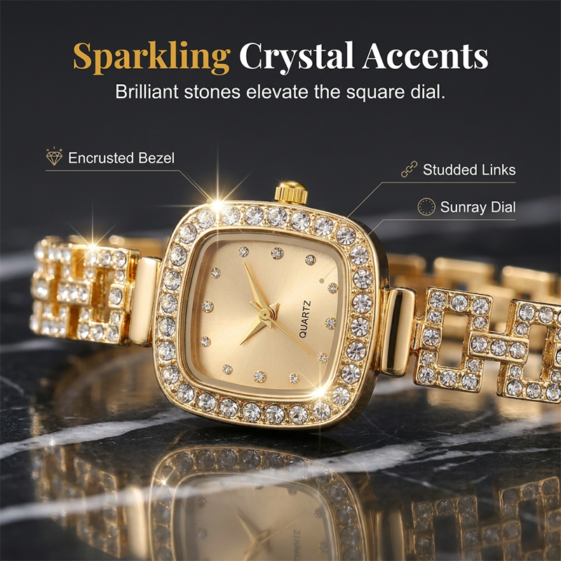 poeak™ Dames Trekkoord Armband Horloge Vierkant Quartz – Kristal & Tijdloos Elegant