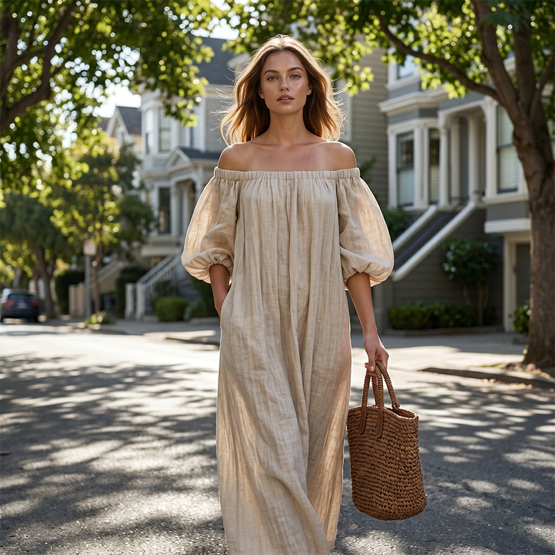 Dames Off-Shoulder Maxi Jurk Lantaarnmouw Jurk