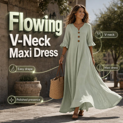 poeak™ Dames V-hals Losse Maxi Jurk – Vloeiend Silhouet & Dagelijks Comfort