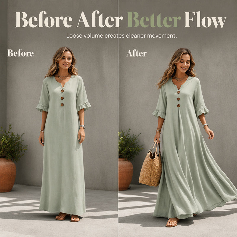 poeak™ Dames V-hals Losse Maxi Jurk – Vloeiend Silhouet & Dagelijks Comfort