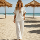 Dames V-hals Top en Wijde Pijp Broek Set