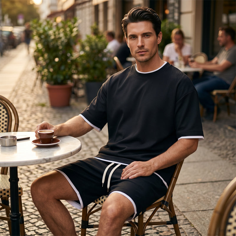 🎉 TIJDELIJK 50% KORTING! 👕 Heren set met waffel-breit T-shirt en shorts – koelende stof en relaxed pasvorm ontwerp 💙