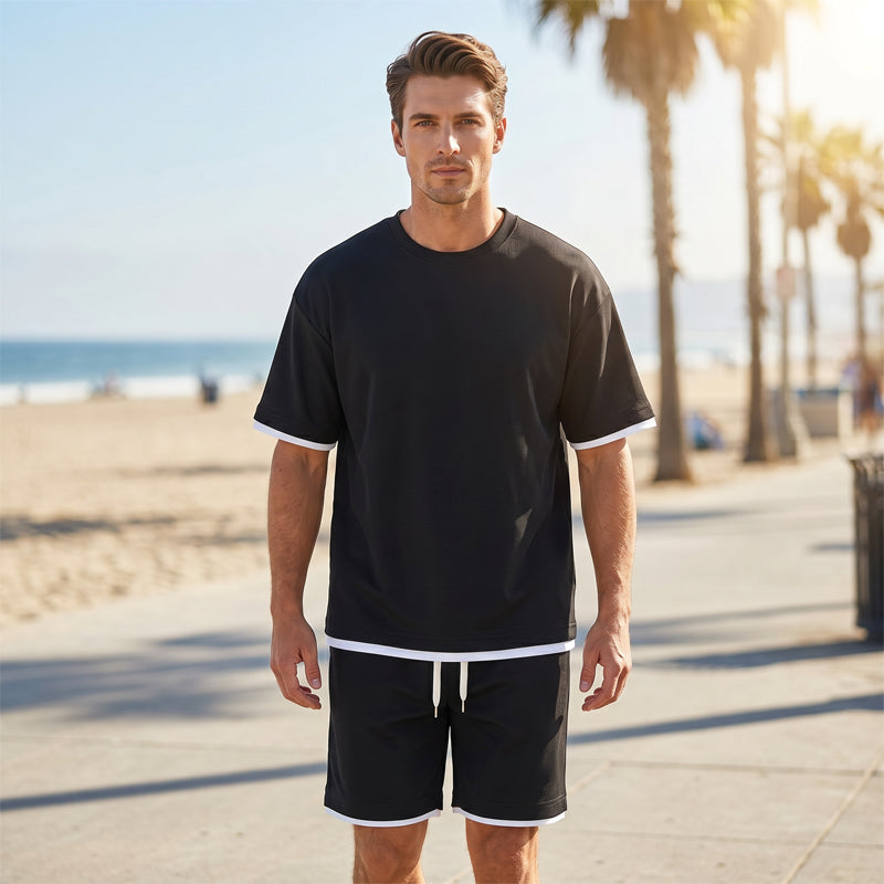 🎉 TIJDELIJK 50% KORTING! 👕 Heren set met waffel-breit T-shirt en shorts – koelende stof en relaxed pasvorm ontwerp 💙