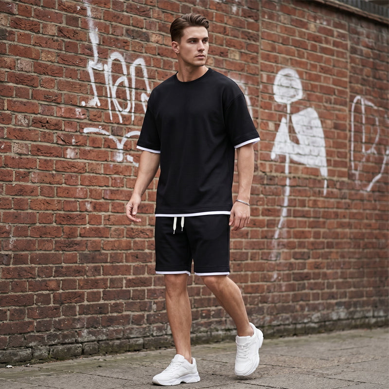 🎉 TIJDELIJK 50% KORTING! 👕 Heren set met waffel-breit T-shirt en shorts – koelende stof en relaxed pasvorm ontwerp 💙