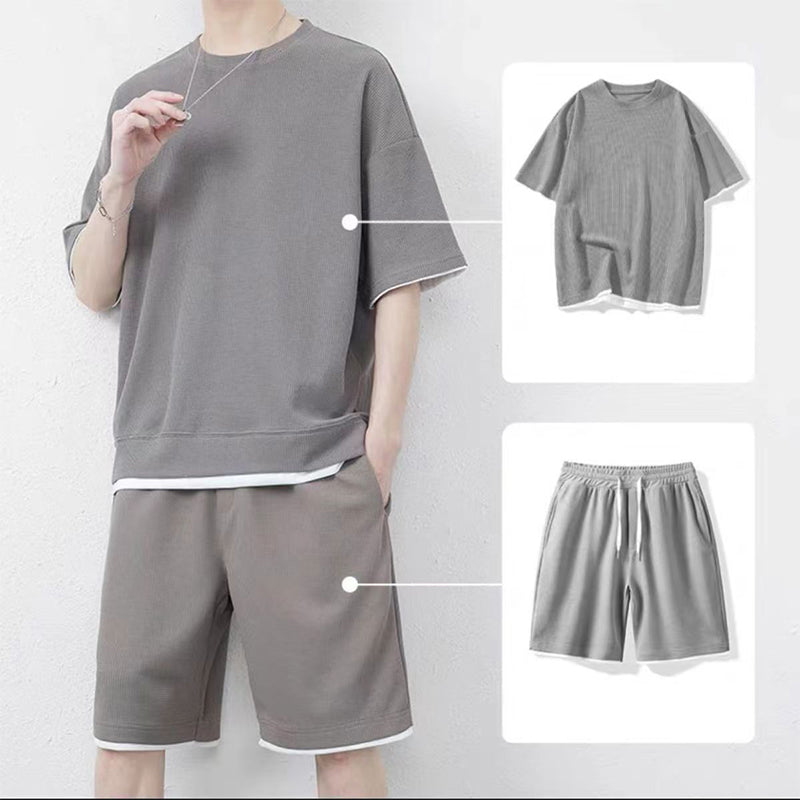 🎉 TIJDELIJK 50% KORTING! 👕 Heren set met waffel-breit T-shirt en shorts – koelende stof en relaxed pasvorm ontwerp 💙