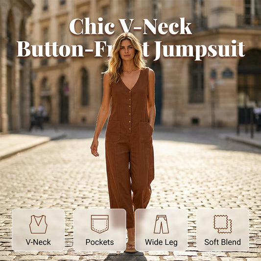 Mouwloze damesjumpsuit met V-hals en knoopsluiting aan de voorkant