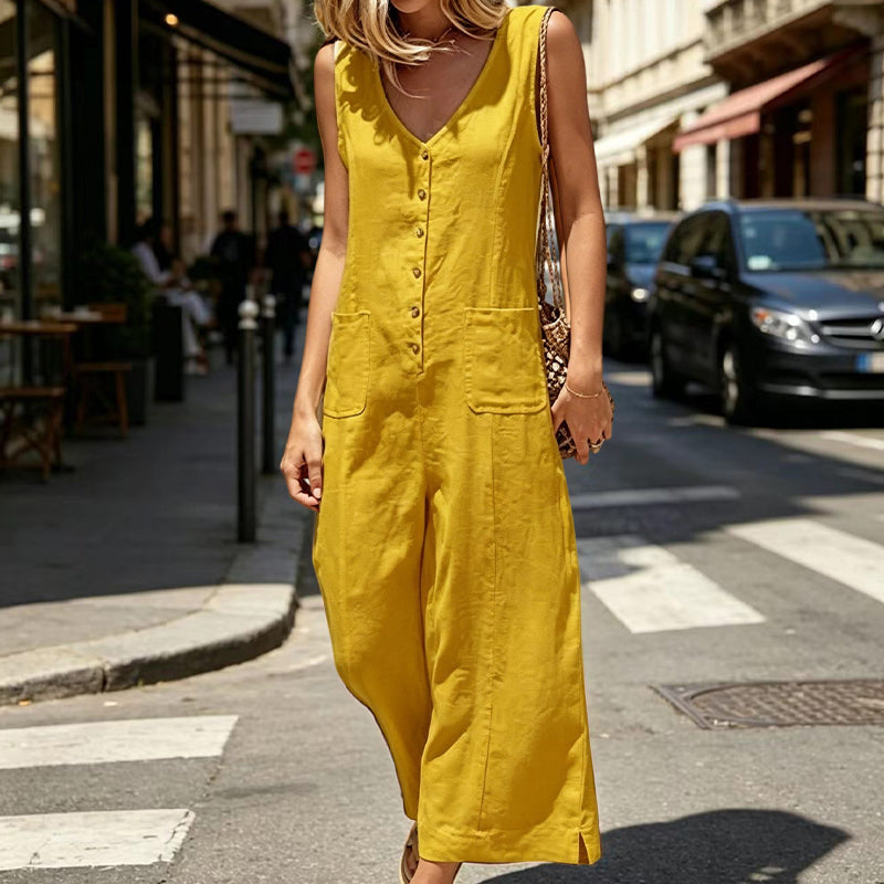 Mouwloze damesjumpsuit met V-hals en knoopsluiting aan de voorkant