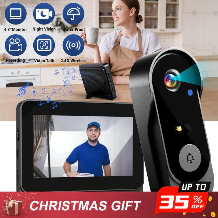 Draadloze deurbelcamera: 1080P, 170° groothoek, 4,3″ scherm, IPX65 waterdicht, nachtzicht