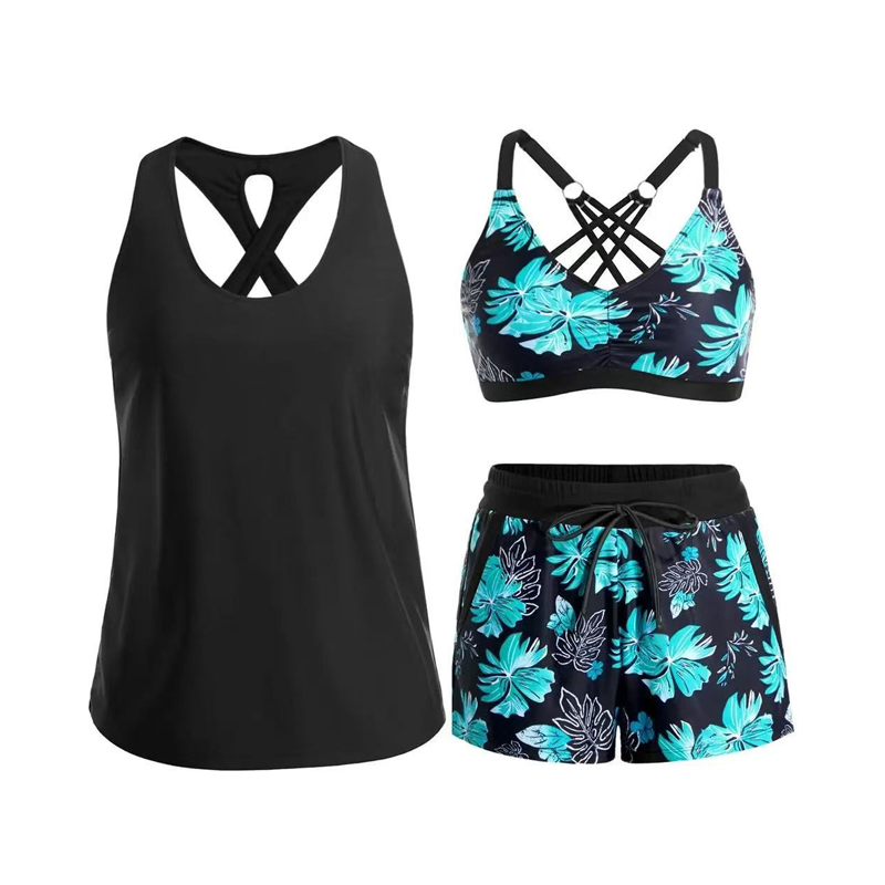 👙50% KORTING✨Tanktop, bikinitop én shorts in 1 set. Criss-cross rug, tummy control, en sneldrogende stof – jij bepaalt hoe je straalt op het strand!