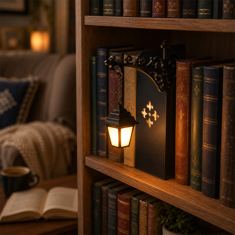❄️Zomerfresh 50% Korting!📚Decoratieve Boekensteun met Mini Straatlantaarn – Vintage Sfeerlamp voor Boekenplank, Bureau & Leeshoek