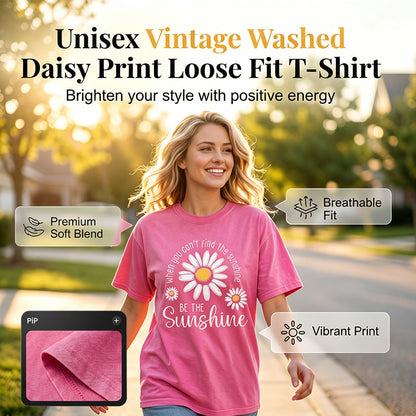 Unisex Vintage Gewassen Madeliefje Print Loose Fit T-Shirt