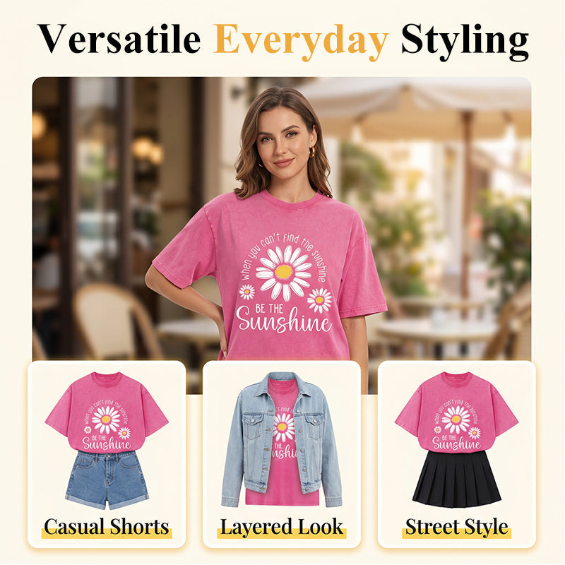 Unisex Vintage Gewassen Madeliefje Print Loose Fit T-Shirt