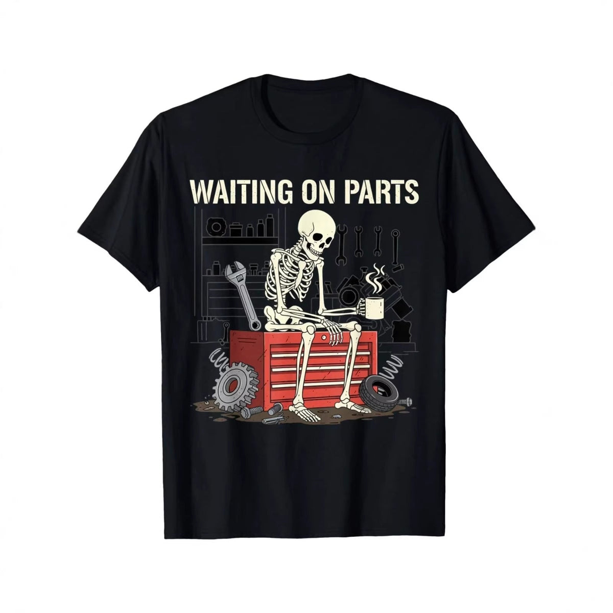 🛠️ 2026 Uitverkoop — Meer dan 46.000 verkocht! 💀 Waiting On Parts Funny Skeleton Auto Mechanic Technician T-Shirt – Humoristisch autowerkplaats ontwerp 🔧