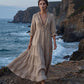 Dames maxi-jurk met ruches, V-hals en gelaagde rok