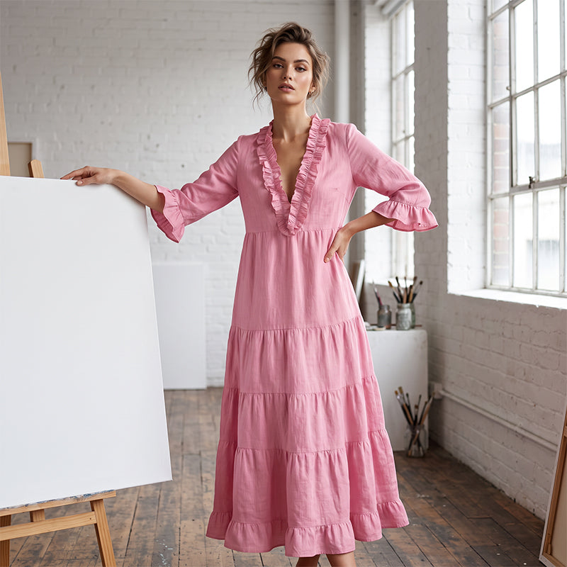 Dames maxi-jurk met ruches, V-hals en gelaagde rok