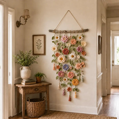 Boho Gehaakte Bloemenwanddecoratie — Handgemaakte Look, Sfeervolle Wandhanger