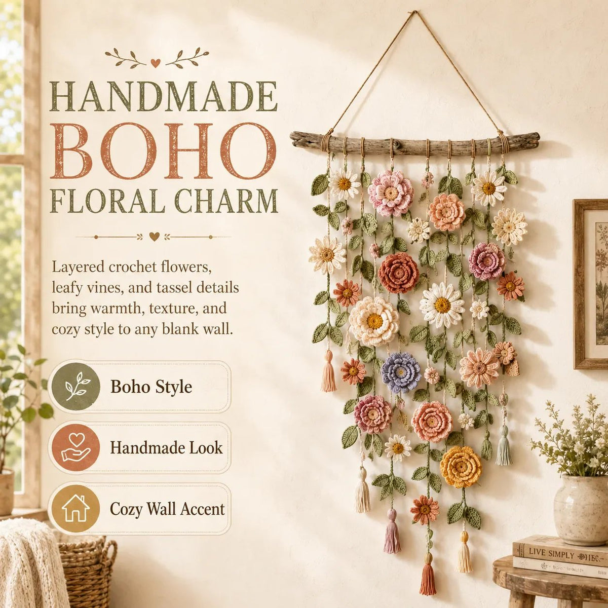 Boho Gehaakte Bloemenwanddecoratie — Handgemaakte Look, Sfeervolle Wandhanger