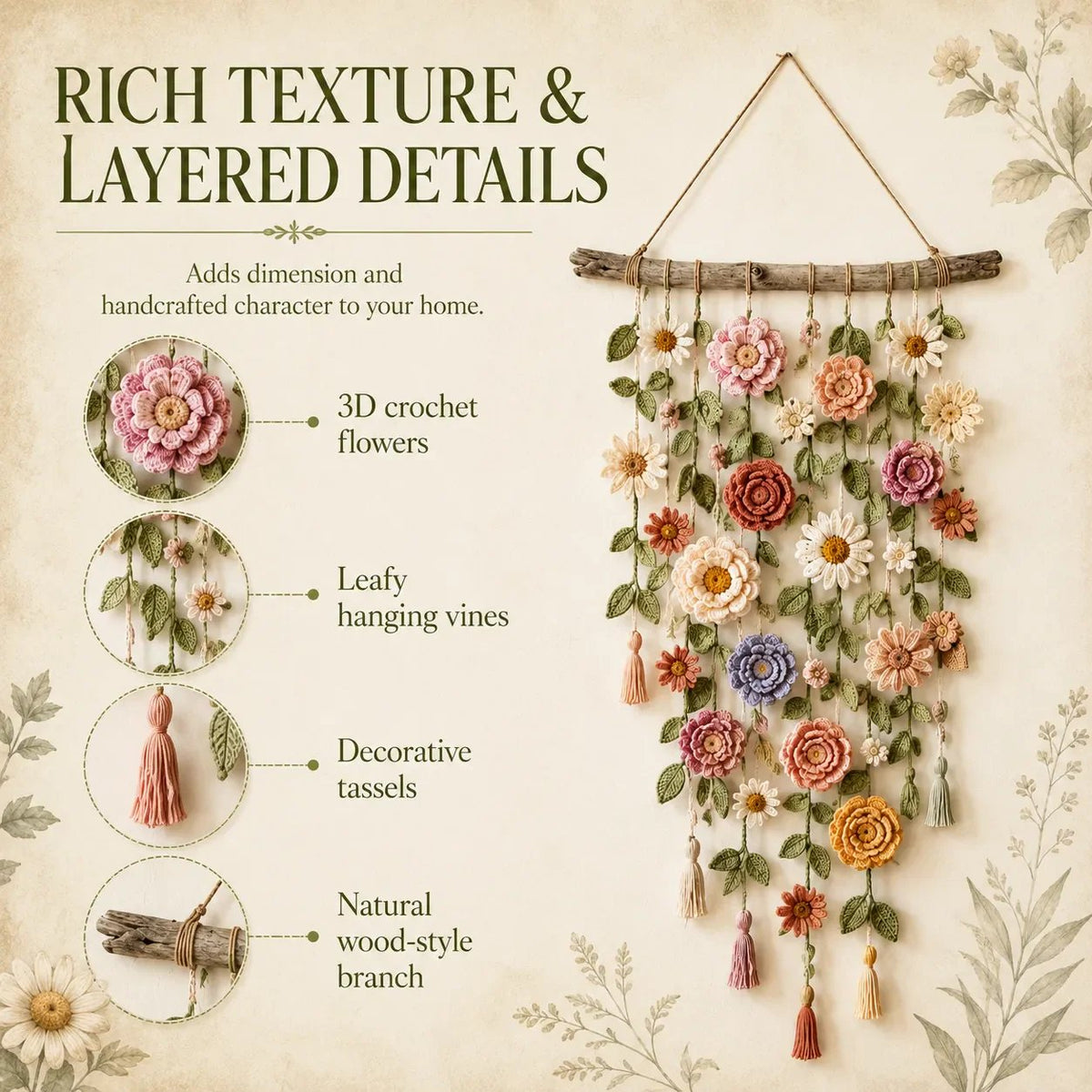 Boho Gehaakte Bloemenwanddecoratie — Handgemaakte Look, Sfeervolle Wandhanger