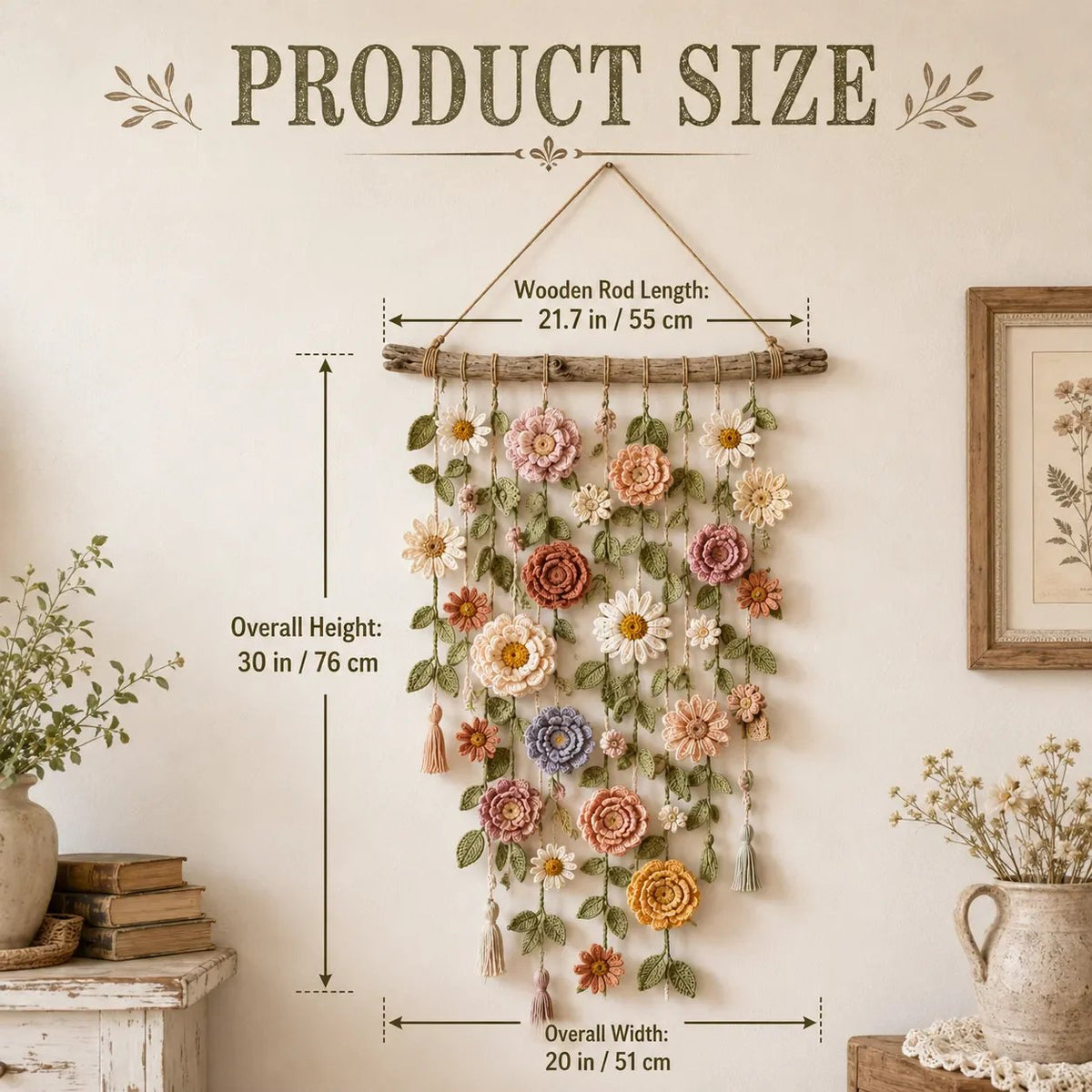 Boho Gehaakte Bloemenwanddecoratie — Handgemaakte Look, Sfeervolle Wandhanger