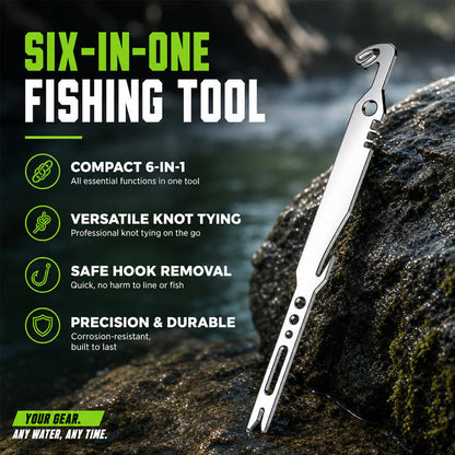 🎣 6-in-1 roestvrij stalen vistool – haakverwijderaar, knoopmaker en meer, compact en stevig.