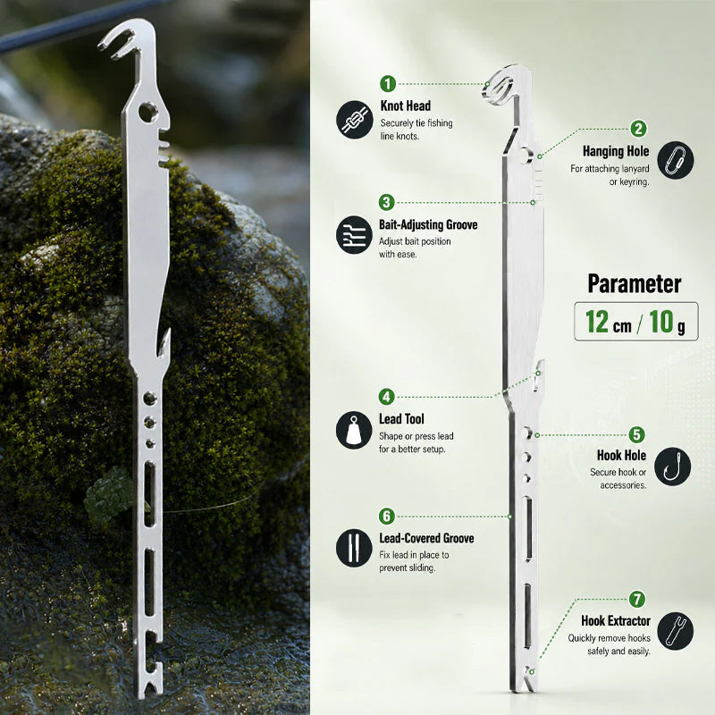🎣 6-in-1 roestvrij stalen vistool – haakverwijderaar, knoopmaker en meer, compact en stevig.